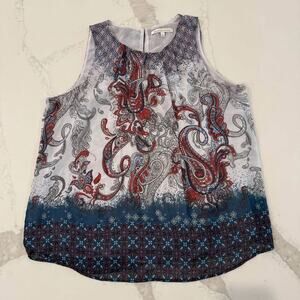 Daniel Rainn Paisley Layered Pleated Sleeveless Blouse Womens Large BlueRed Boho